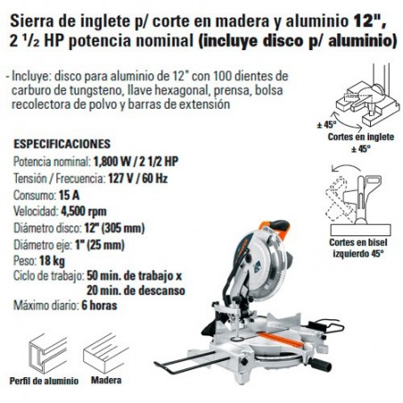 Sierra de Inglete p/ corte en Madera y Aluminio 12" 2 1/2 HP Potencia Nominal TRUPER
