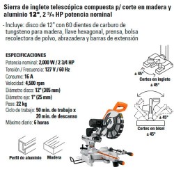 Sierra de Inglete Telescópica Compuesta para Corte en Madera y Aluminio 12" 2 3/4 HP Potencia Nominal TRUPER