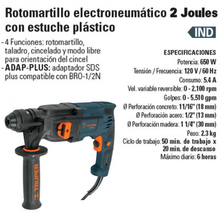 Rotomartillo Electroneumático 2 Joules con Estuche Plástico TRUPER