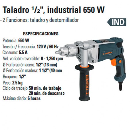 Taladro 1/2" Industrial 650 W TRUPER