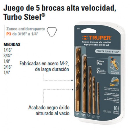 Juego de 5 Brocas alta velocidad, Turbo Steel TRUPER