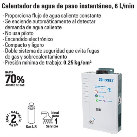Calentador de Agua de Paso Instantaneo 6 L/min FOSET