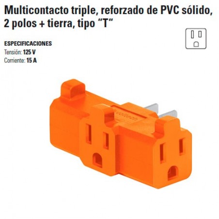 Multicontacto Triple Reforzado de PVC Solido 2 Polos + Tierra Tipo "T"