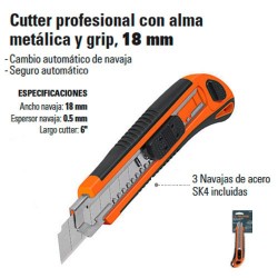 Cutter 18 mm profesional con alma metálica y grip, Truper, Cutters, 16977