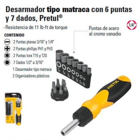 Desarmador tipo Matraca 6 Puntas y 7 Dados PRETUL