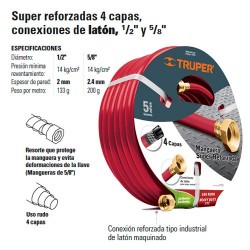 Manguera Super Reforzada 4 Capas Conexion Laton 1/2 TRUPER