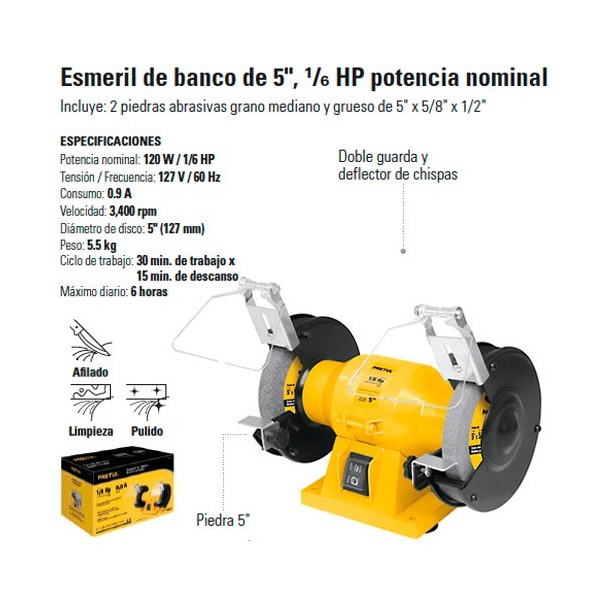 Esmeril de Banco 5" 1/6 HP PRETUL