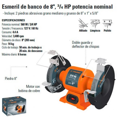 Esmeril de Banco 8" 3/4 HP TRUPER