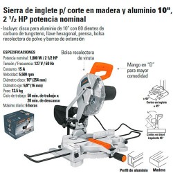 Sierra ingleteadora telescópica 1800W corte madera y aluminio 2 1/2 HP  TRUPER