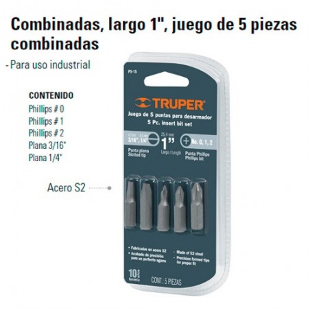 Juego de 5 Puntas Para Dezarmador Combinadas 1" TRUPER"