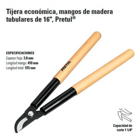 Tijera Para Ramas Economica Mangos de Madera 16" PRETUL