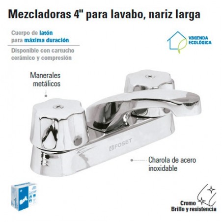 Mezcladora 4" para Lavabo Nariz Larga / Manerales Metalicos FOSET