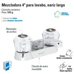 Mezcladora 4" para Lavabo Nariz Larga / Manerales de Acrilico FOSET