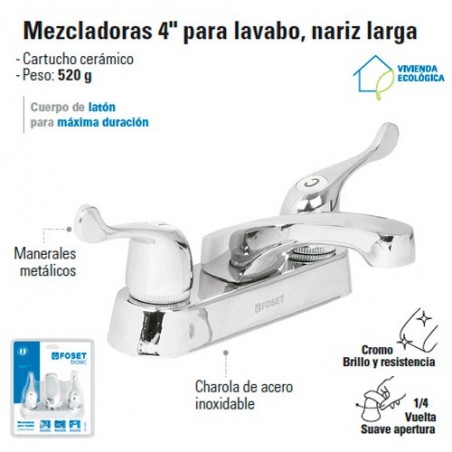 Mezcladora 4" para Lavabo Nariz Larga / Manerales de PalancaFOSET
