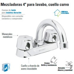 Mezcladora 4" para Lavabo Cuello Curvo / Manerales Metalicos FOSET