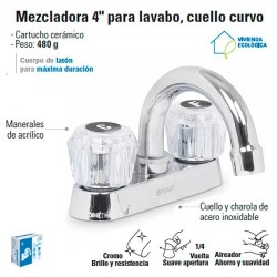 Mezcladora 4" para Lavabo Cuello Curvo / Manerales de Acrilico FOSET