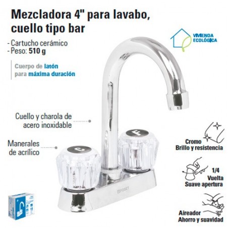 Mezcladora 4" para Lavabo Cuello Tipo Bar / Manerales de Acrilico FOSET