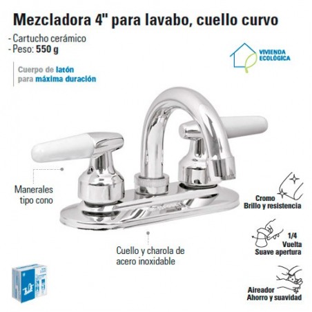 Mezcladora 4" para Lavabo Cuello Curvo / Manerales Tipo Cono FOSET