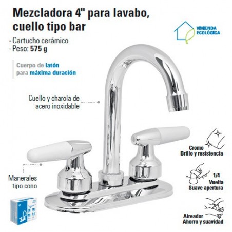 Mezcladora 4" para Lavabo Cuello Tipo Bar / Manerales Tipo Cono FOSET