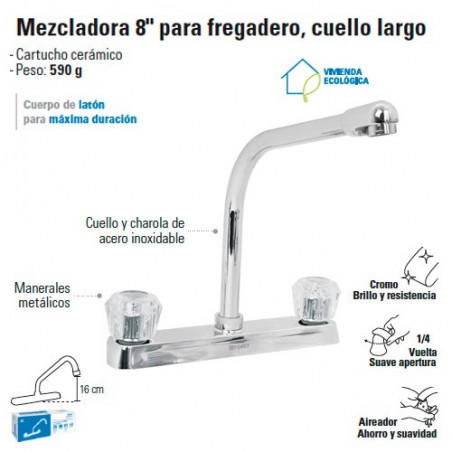 Mezcladora 8" para Fregadero Cuello tipo Cobra / Manerales de Acrilico FOSET