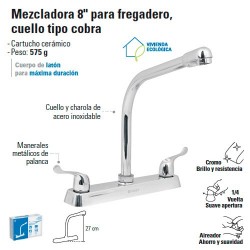 Mezcladora 8" para Fregadero Cuello tipo Cobra / Manerales Tipo Palanca FOSET