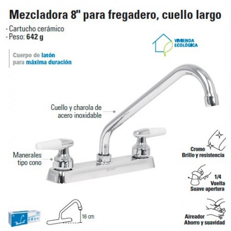 Mezcladora 8" para Fregadero Cuello Largo / Manerales tipo Cono FOSET