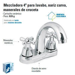 Mezcladora 4" para Lavabo Nariz Curva / Manerales de Cruceta