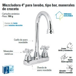 Mezcladora 4" para Lavabo tipo Bar / Manerales de Cruceta