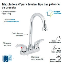 Mezcladora 4" para Lavabo tipo Bar / Manerales de Palanca