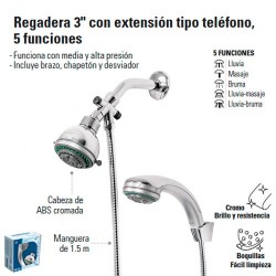 Regadera 3" con Extencion tipo Telefono 5 Funciones