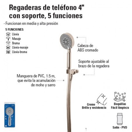 Regadera de Telefono 4" con Soporte, 5 Funciones 