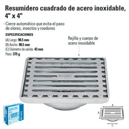 Resumidero Cuadrado de Acero Inoxidable 4" x 4" 