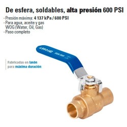 Valvula de Esfera, Soldable, Alta Presion 600 PSI