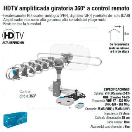 Antena HDTV Amplificada Giratoria 360º a Control Remoto