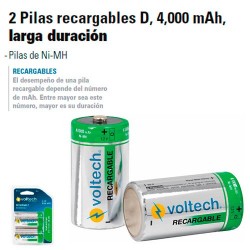 Blíster con 2 pilas D recargables larga duración, 4000 mAh, Pilas