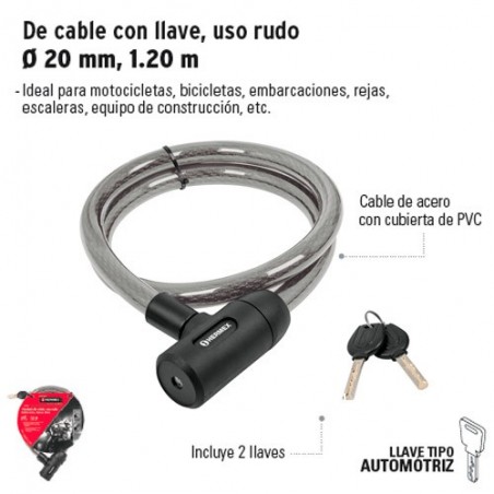 Candado de Cable con Llave Uso Rudo de 20 mm, 1.20 m