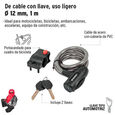 Candado de Cable con Llave de 12 mm, 1 m