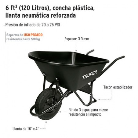 Carretilla 6 ft 3 (120 Litros) Concha Plastica Llanta Neumatica Reforzada