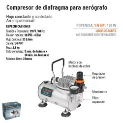 Compresor de diafragma para aerógrafo, 1/5 HP, 110 V, Compresores Para  Aerógrafo, 17247