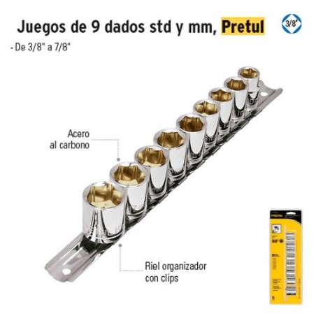 Juego de 9 Dados Cuadro 3/8" PRETUL