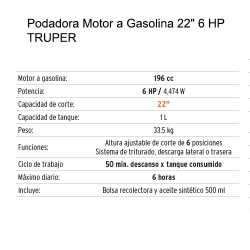 Podadora Motor a Gasolina 22" 6 HP TRUPER