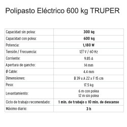 Polipasto Eléctrico 600 kg TRUPER