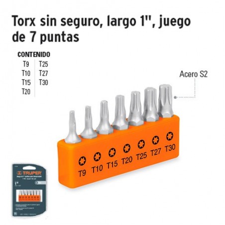 Puntas Torx Para Desarmador Largo 1" sin Seguro Juego de 7 Puntas TRUPER