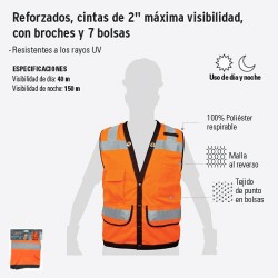 Chaleco Reforzado Cinta de 2" Maxima Visibilidad con Broches y 7 Bolsas TRUPER