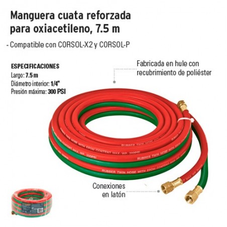 Manguera Cuata Reforzada para Oxiacetileno 7.5 m TRUPER