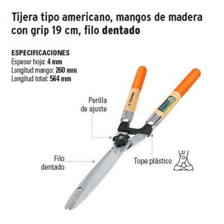 Tijera para Poda Tipo Americano Mangos de Madera con Grip 19 cm Filo Dentado TRUPER