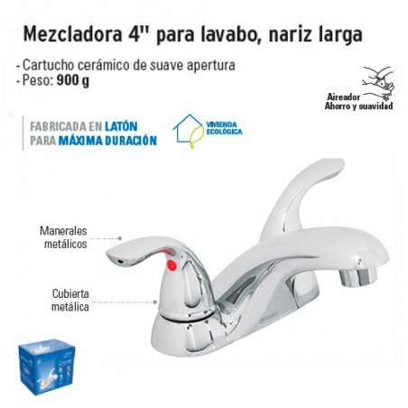 Mezcladora 4" para Lavabo Nariz Larga FOSET