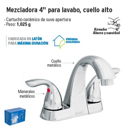 Mezcladora 4" para Lavabo Cuello Alto FOSET