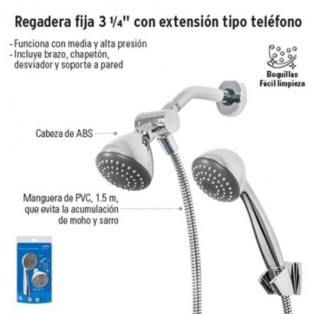 Regadera Fija 3 1/4" con Extensión Tipo Teléfono FOSET